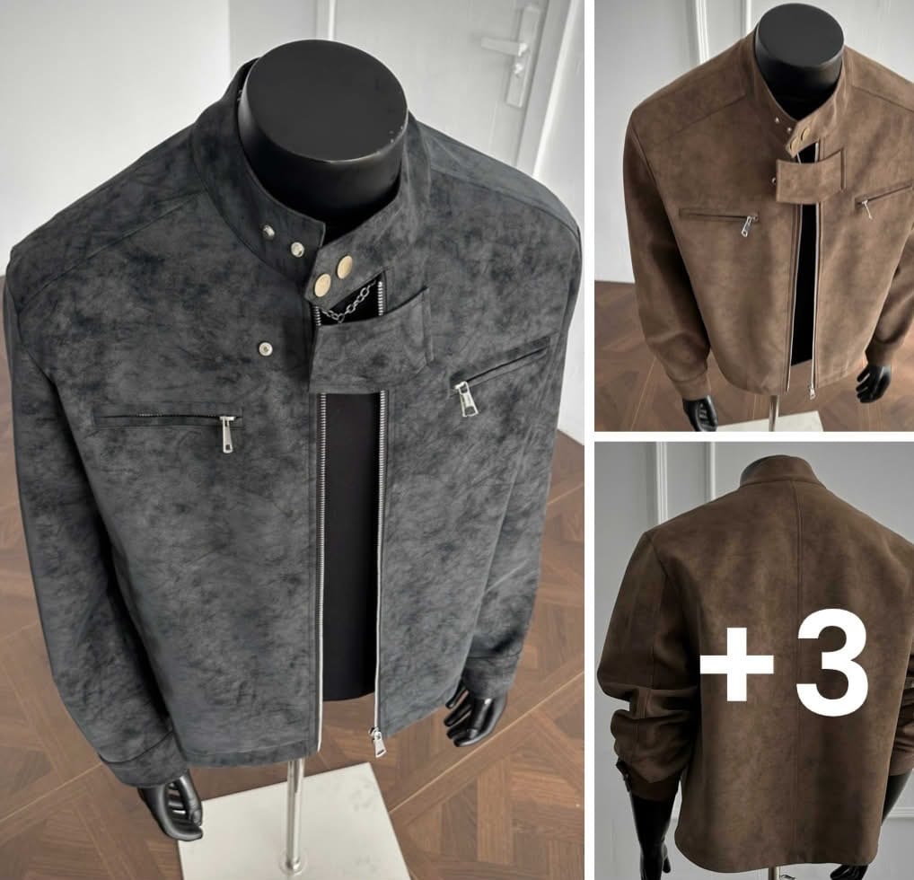 Suede-finish jackets in charcoal and brown on mannequins