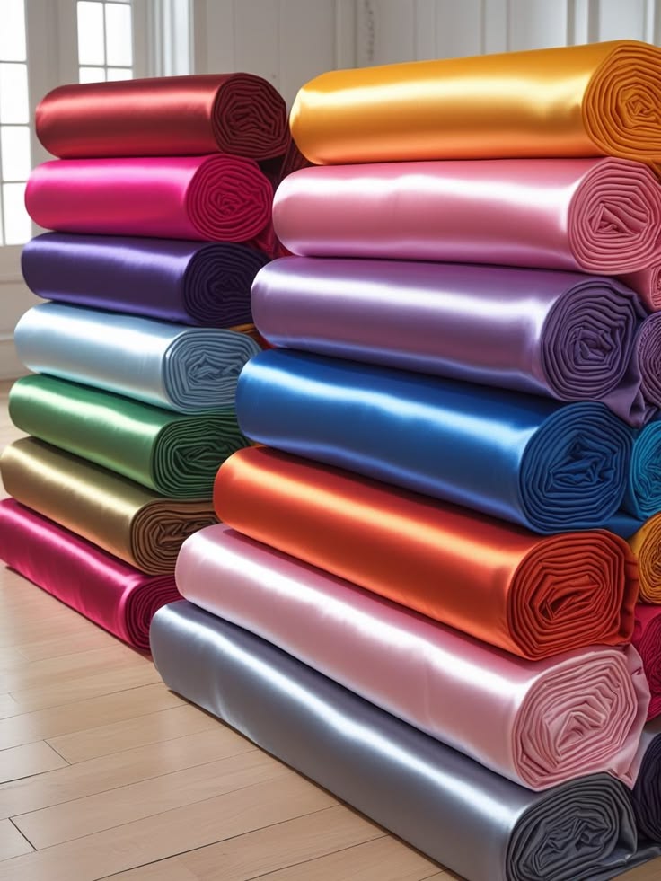 Stacked colorful satin fabric rolls
