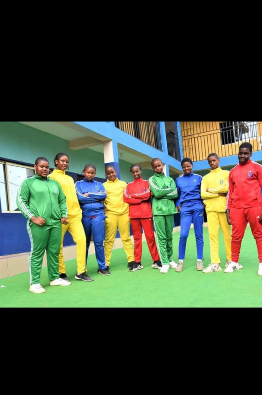 Team of students in custom-branded colorful tracksuits